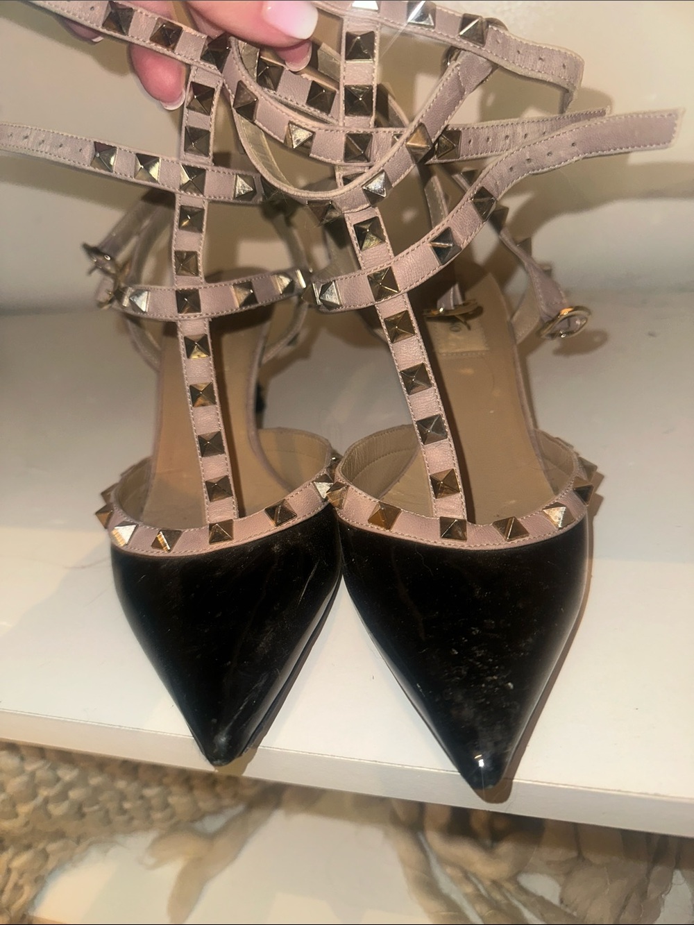 Valentino Two-Tone Studded Pointed-Toe Ankle Strap Pumps